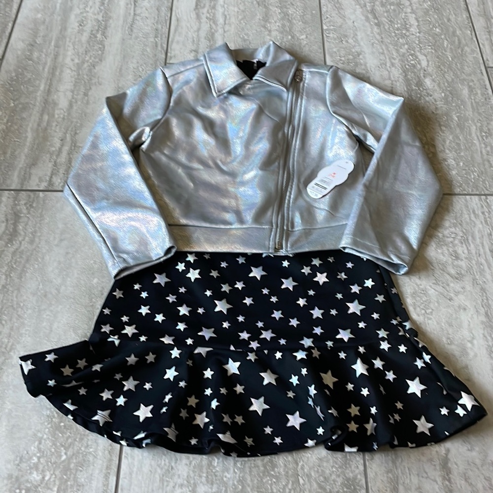 Wonder nation metallic jacket with casual starry black dress for girls M(7-8)